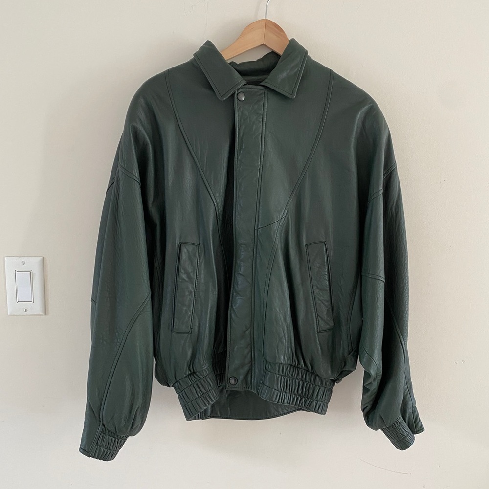 Green leather jacket with dolman sleeves